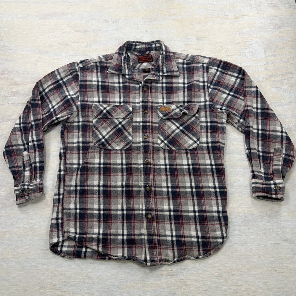 Five Brother Flannel Shirt Plaid Button Down L Grey Navy Red Mens Regular